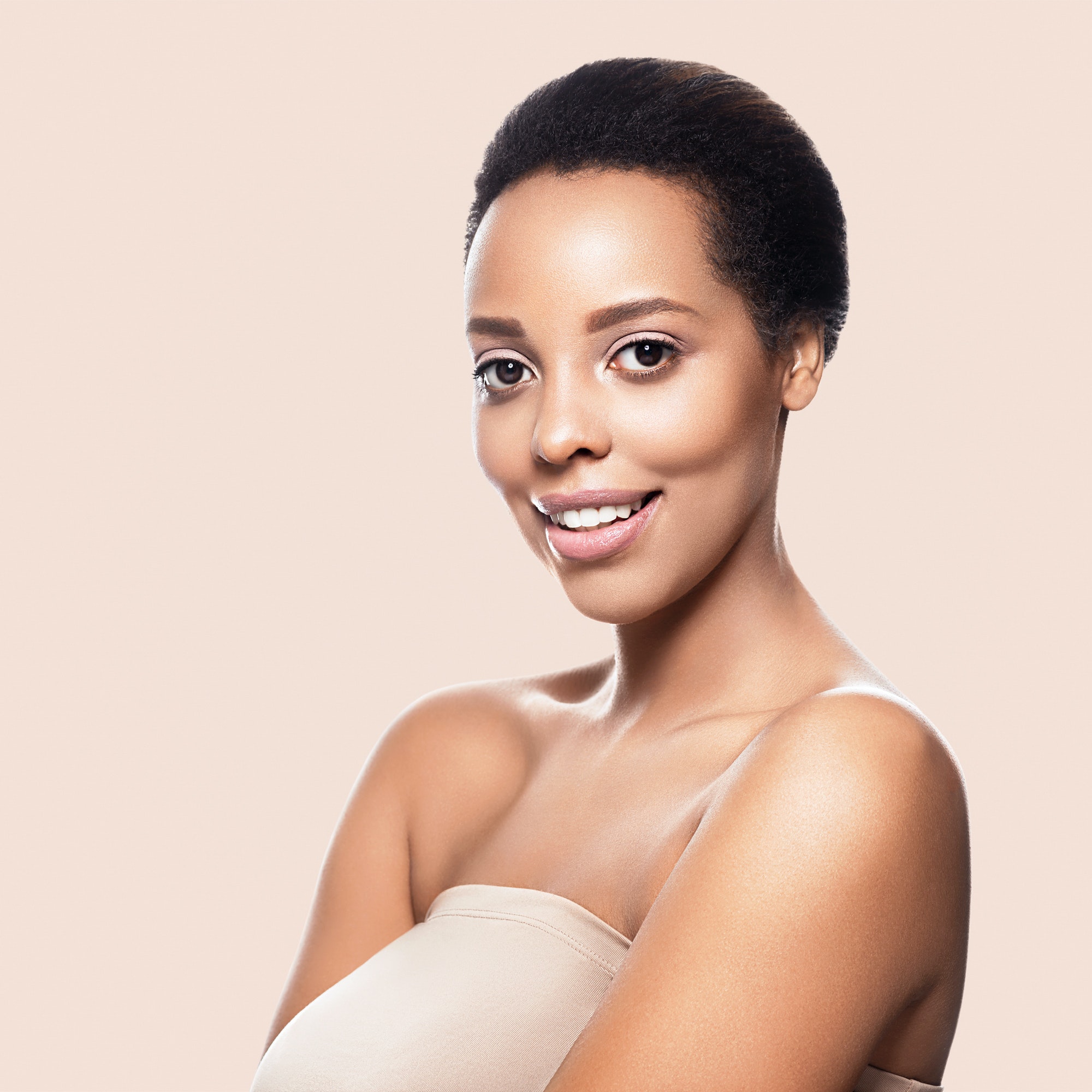 Black skin beauty woman healthy hair skin close afro american beautiful model. On beige.