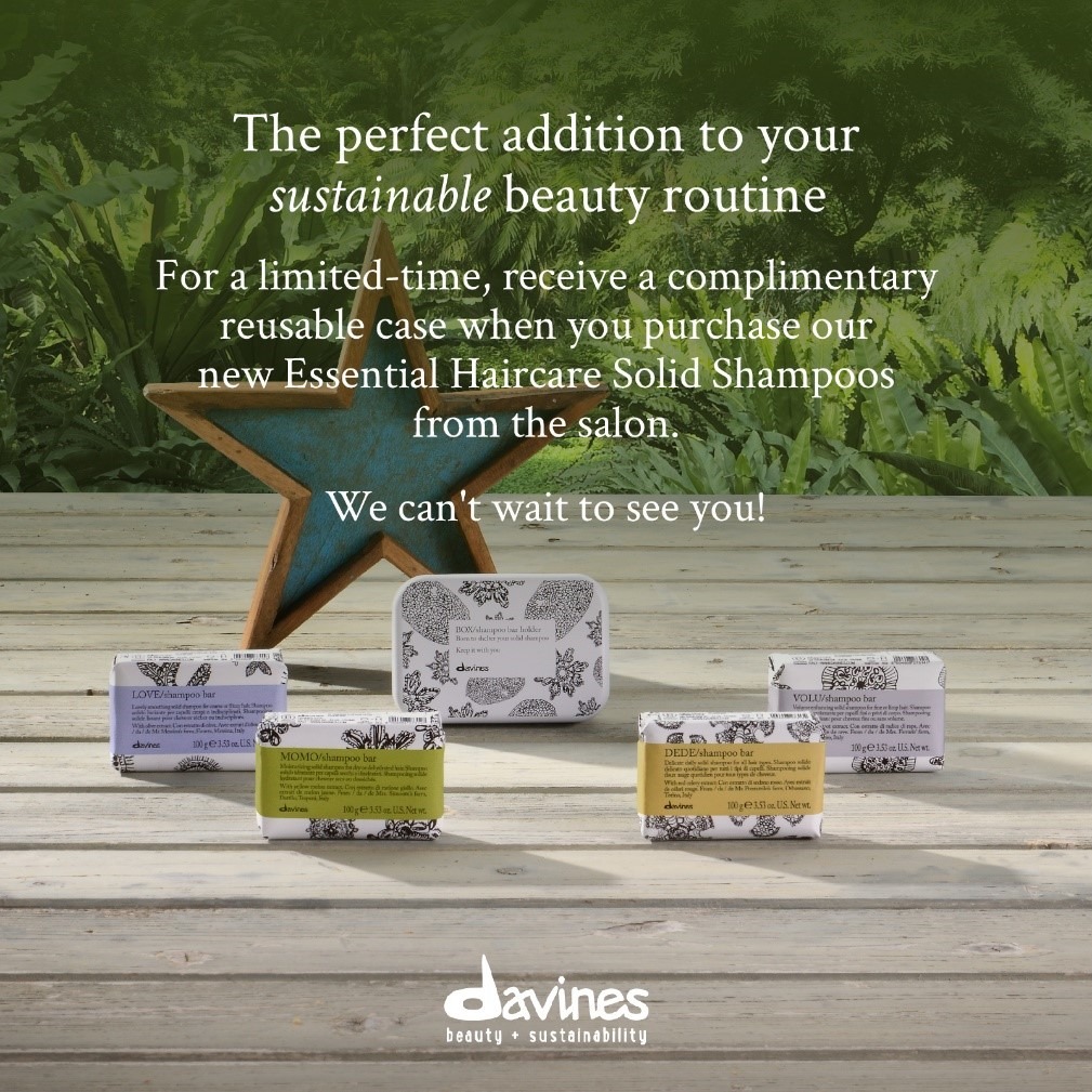 advertisement for Davines beauty products featuring a set of solid shampoo blocks on a wooden deck with a wooden star behind